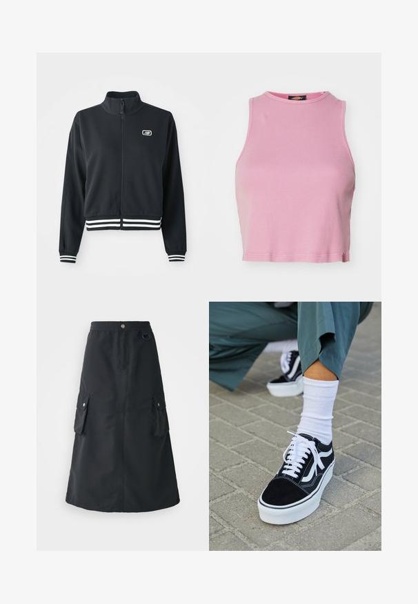 Čierna zipsová bunda s vysokým golierom, biele pruhované manžety a spodný lem, s malým logom na hrudi. Hladká textúra látky.; Ružový rebrovaný crop top s okrúhlym výstrihom a bezrukávovým dizajnom. Má lemovanie končiace tesne nad pásom.; Čierna sukňa po stred členkov vyrobená z ľahkej látky, s elastickým pásom, dvoma cargo vreckami a jemným leskom.; Čierne semišové tenisky s bielymi akcentmi a šnúrkami, s hrubou bielou podrážkou a kontrastným prešívaním, doplnené o bielu ponožku.