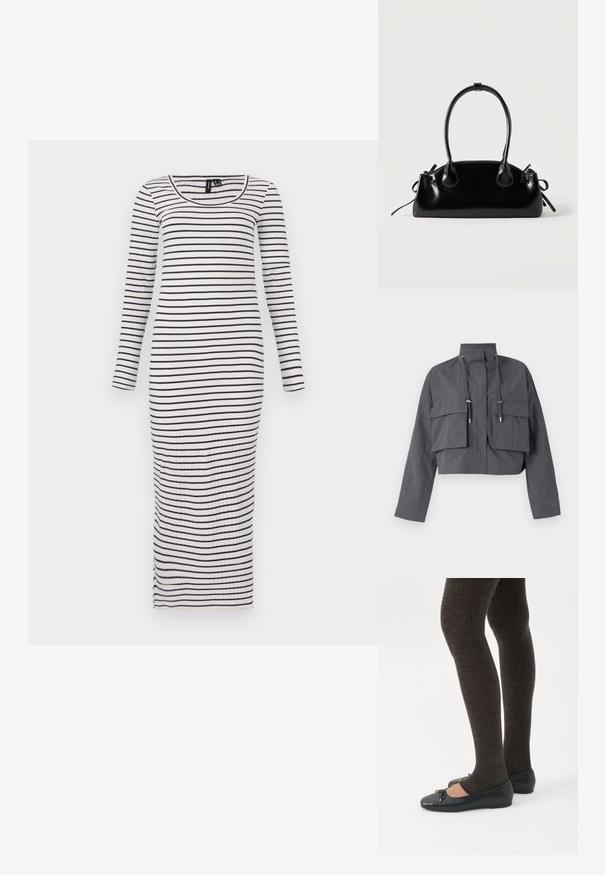 Chaqueta gris recortada con un alto cuello, dos grandes bolsillos frontales, detalles de cordones y una tela ligera y texturizada.; Vestido maxi de manga larga y canalé en blanco con rayas horizontales en azul marino; presenta un escote redondeado y una silueta ajustada.; Piernas con leggings oscuros acanalados combinados con bailarinas negras que presentan pequeños detalles de lazo sobre un fondo blanco.; Pequeño bolso negro brillante con dos asas largas y detalles de cordón lateral sobre un fondo claro liso.