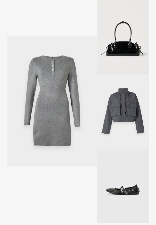 Chaqueta gris recortada con un alto cuello, dos grandes bolsillos frontales, detalles de cordones y una tela ligera y texturizada.; Vestido gris de manga larga con forma ajustada, escote redondo y tapeta de tres botones. Tejido texturizado con un acabado suave.; Zapato plano de piel negra con puntera afilada, detalle fruncido alrededor de la abertura y un acento de hebilla plateada en la correa ajustable.; Pequeño bolso negro brillante con dos asas largas y detalles de cordón lateral sobre un fondo claro liso.