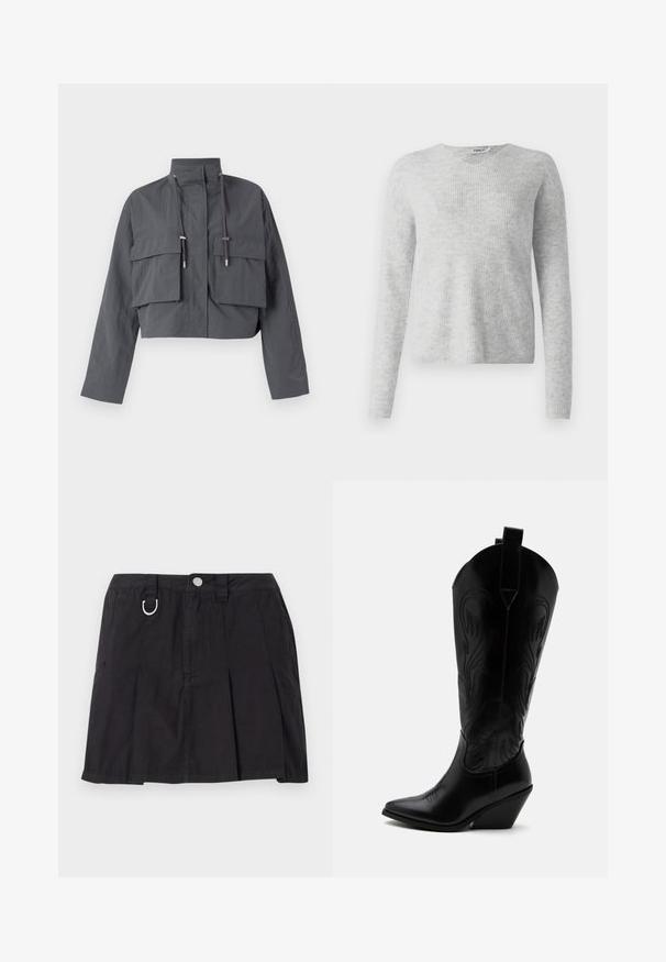 Chaqueta gris recortada con un alto cuello, dos grandes bolsillos frontales, detalles de cordones y una tela ligera y texturizada.; Suéter gris de punto con textura acanalada, mangas largas y diseño de cuello en V. Apariencia simple y minimalista.; Falda negra plisada de algodón, con cierre de botones en la parte delantera, lazos para cinturón y un acento en forma de D en la cinturilla.; Bota de vaquero de cuero negro con punta puntiaguda, tacón bloqueado inclinado, costuras decorativas y lengüetas en la parte superior sobre fondo blanco.