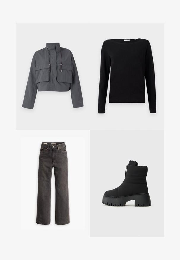 Forkortet grå jakke med høj krave, to store frontlommer, snøre detaljer og et let, tekstureret stof.; Sort langærmet T-shirt lavet af bomuld. Har en rund hals og en afslappet pasform. Glat tekstur uden synlige mønstre eller dekorationer.; Højtaljede, vide jeans i mørkegrå denim, med forlommer, kontrastfarvede kobbernitter og en ren finish uden pynt.; Sort ankelstøvle med en kviltet syntetisk overdel, sidelukning med lynlås og en tyk sål med takker for godt greb. Blødt foder ved kraven.