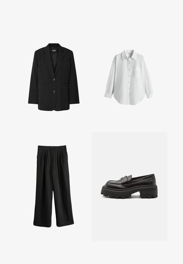 Blazer negro de PIECES, con cuello de muesca, dos bolsillos frontales y cierre de dos botones, fabricado en un tejido suave.; Camisa blanca de manga larga con botones, cuello y bolsillo en el pecho, mostrada sobre un fondo blanco liso.; Pantalones negros de pierna ancha confeccionados con tejido ligero, con un delantero plisado, cierre de botón y textura suave.; Buffalo NABU LOAFER - Zapatos sin cordones - black