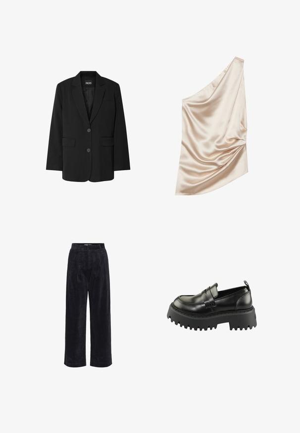 Sort blazer fra PIECES med reverskrave, to frontlommer og to knaplukninger, lavet af glat stof.; Satin stof i lyse nude farve med en one-shoulder design, der har draperet tekstur og samlet detalje på den ene side.; Sorte fløjls buks med vidde ben og høj talje, med frontfolder og en struktureret finish.; Sorte læder loafers med en tyk, struktureret sort gummisål. Har en rund tå og en dekorativ rem på tværs af vamps.