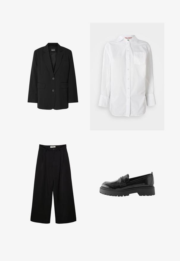Čierny blazer značky PIECES, ktorý má klopa s notovaním, dve predné vrecká a zapínanie na dva gombíky, vyrobený z hladkej látky.; Biela košeľa s dlhým rukávom, s gombíkmi a golierom, s náprsnom vreckom, vystavená na jednofarebnom pozadí.; Čierne široké nohavice s vysokým pásom, ktoré majú predné záhyby, dve bočné vrecká a zapínanie na gombík. Hladká textúra látky.; Čierne lakované kožené mokasíny majú nízku platformu s robustnou podrážkou a prešitý detail cez strednú časť chodidla.