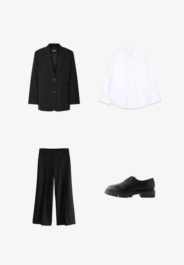 Zwarte blazer van PIECES, met een geknipt kraag, twee voork zakken en een sluiting met twee knopen, gemaakt van gladde stof.; Witte button-up shirt met een klassieke kraag, lange mouwen en een gebogen zoom. Gemaakt van een gladde stof met een schoon, minimalistisches ontwerp.; Zwarte wijde broek met een gladde stof, met een hoge taille, plooien en een getailleerd ontwerp. Geen zichtbare hardware of patronen.; Zwarte leren schoen met een ronde neus, zes veterogen, platte veters en een stevige rubberen zool met diepe profielpatronen.