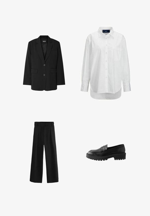Schwarzer Blazer von PIECES, mit Reverskragen, zwei Fronttaschen und zwei Knopfverschluss, aus glattem Stoff gefertigt.; Weißes Langarmhemd aus glattem Baumwollstoff mit Button-Down-Kragen, Brusttasche und abgerundetem Saum. Verfügt über eine Schulterpasse für zusätzliche Struktur.; Schwarze weit geschnittene Hose mit hohem Bund, ausgestattet mit Falten und einer glatten, gewebten Textur. Hergestellt aus weichem Stoff für optimalen Komfort.; Schwarze Lederloafer mit abgerundetem Zehenbereich, erhöhten Nähten und einer stabilen Gummisohle mit tiefen Profiltiefen für besseren Halt.