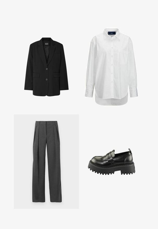 Schwarzer Blazer von PIECES, mit Reverskragen, zwei Fronttaschen und zwei Knopfverschluss, aus glattem Stoff gefertigt.; Weißes Langarmhemd aus glattem Baumwollstoff mit Button-Down-Kragen, Brusttasche und abgerundetem Saum. Verfügt über eine Schulterpasse für zusätzliche Struktur.; Graue maßgeschneiderte Hose mit weitgeschnittenem Design, gefaltetem Vorderteil und strukturiertem Stoff, mit sauberen Abschlüssen und ohne sichtbare Hardware.; Schwarze Lederloafers mit einer dicken, strukturierten schwarzen Gummisohle. Mit runder Zehe und einem dekorativen Riemen über dem Rist.