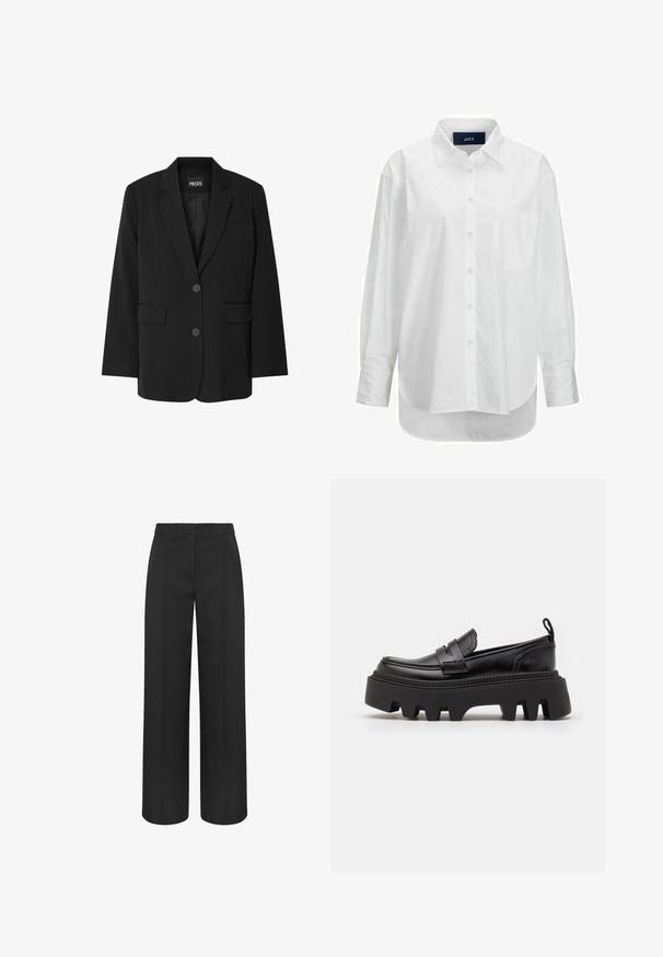 Blazer negro de PIECES, con cuello de muesca, dos bolsillos frontales y cierre de dos botones, fabricado en un tejido suave.; Camisa blanca de manga larga en algodón suave con cuello abotonado, bolsillo frontal y dobladillo curvado. Cuenta con un canesú en la parte posterior para mayor estructura.; Pantalones negros de talle alto y pierna ancha con trabillas para cinturón y costuras delanteras planchadas, diseñados para un look formal o profesional.; Mocasines de cuero negro con una suela de goma negra gruesa, que cuentan con ranuras antideslizantes y una correa decorativa en la parte delantera.