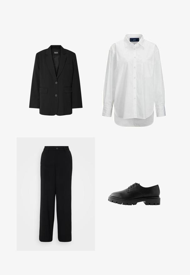 Sort blazer fra PIECES med reverskrave, to frontlommer og to knaplukninger, lavet af glat stof.; Hvid langærmet skjorte i glat bomuld med knapkrave, frontlomme og buet nederkant. Har en rygskulder for ekstra struktur.; Sorte breddebenbukser lavet af et glat stof. Har en taljebånd med en knaplukning og detaljer med frontfolder.; Sorte lædersko med rund tå, seks snørrehuller, flade snørebånd og en kraftig gummisål med dybe mønstre.