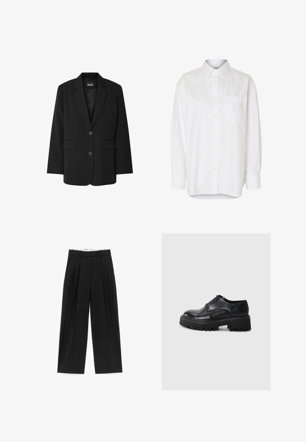 Blazer negro de PIECES, con cuello de muesca, dos bolsillos frontales y cierre de dos botones, fabricado en un tejido suave.; Camisa blanca de manga larga con botones, cuello puntiagudo y bolsillo en el pecho, mostrada sobre un fondo liso.; Pantalones negros de pierna ancha con pliegues frontales, trabillas para cinturón y bolsillos laterales, diseñados para un ajuste entallado.; Zapato negro de cuero con cordones, punta redondeada, suela gruesa negra tipo plataforma y detalles texturizados en el borde de la suela.