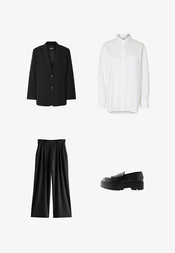 Zwarte blazer van PIECES, met een geknipt kraag, twee voork zakken en een sluiting met twee knopen, gemaakt van gladde stof.; Wit overhemd met lange mouwen, knopen, puntige kraag en borstzak, getoond tegen een effen achtergrond.; Zwarte broek met wijde pijpen, plooien, zijzakken en een tailleband met riemlussen.; Zwarte leren loafers met een gestructureerd oppervlak, een opvallende voorband en dikke, chunky rubberen zolen met uitgesproken profielpatronen.