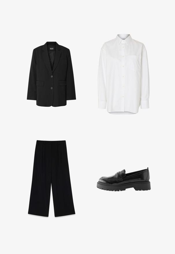 Sort blazer fra PIECES med reverskrave, to frontlommer og to knaplukninger, lavet af glat stof.; Hvid langærmet skjorte med knapper, spids krave og brystlomme, vist mod en ensfarvet baggrund.; Sorte vide bukser lavet af glat stof, der har læg foran, en mellemhøj talje og ingen synlige lukninger eller pynt.; Sorte lakerede loafers har en lav platformssål med en robust træd og en quiltet detalje over midtfoden.