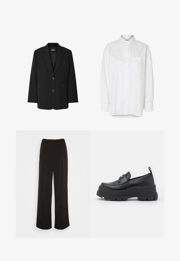 Sort blazer fra PIECES med reverskrave, to frontlommer og to knaplukninger, lavet af glat stof.; Hvid langærmet skjorte med knapper, spids krave og brystlomme, vist mod en ensfarvet baggrund.; Vero Moda Wide leg VMLUNADESI Mid waist - Bukser - black; Sort læderloafer med tyk rillede sål, mok tå syning, remdetalje over toppen og trækstrop på hælen, vist i sideprofil.
