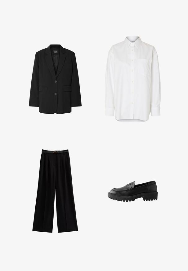 Sort blazer fra PIECES med reverskrave, to frontlommer og to knaplukninger, lavet af glat stof.; Hvid langærmet skjorte med knapper, spids krave og brystlomme, vist mod en ensfarvet baggrund.; Bredde ben sorte bukser lavet af blødt stof, med skarpe folder og et tekstureret sort bælte med en gylden spænde.; Sort læder loafer med rund tå, hævet sømdetalje og kraftig gummisål med dybe riller for bedre greb.