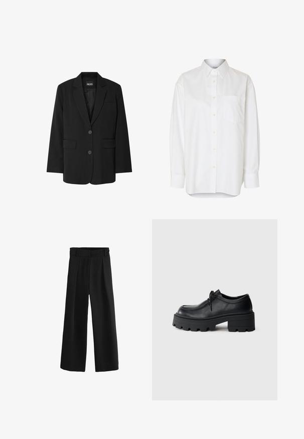 Zwarte blazer van PIECES, met een geknipt kraag, twee voork zakken en een sluiting met twee knopen, gemaakt van gladde stof.; Wit overhemd met lange mouwen, knopen, puntige kraag en borstzak, getoond tegen een effen achtergrond.; Zwarte wijde broek met plooien aan de voorkant, elastische tailleband en gladde stof. Kenmerkt zich door een ontspannen pasvorm die tot de enkel valt.; Zwarte leren veterschoen met een dikke, gestructureerde zwarte rubberen zool en een afgeronde neus. Voorzien van subtiele stikseldetails.