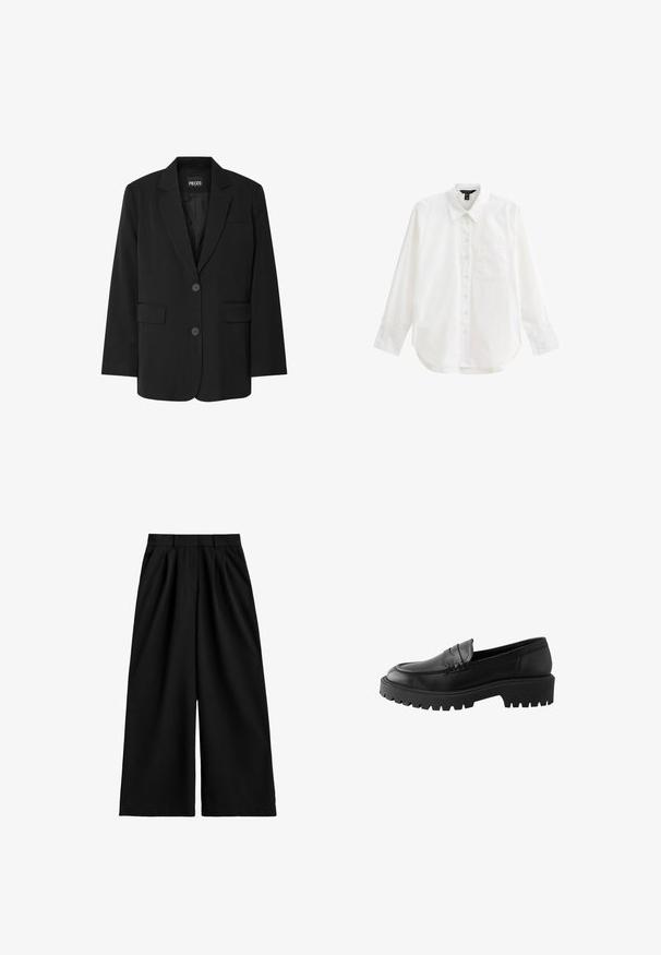 Zwarte blazer van PIECES, met een geknipt kraag, twee voork zakken en een sluiting met twee knopen, gemaakt van gladde stof.; Witte langek mouw shirt van katoen, met een knopenlijst aan de voorkant, kraag, enkele borstzak en een ronde onderrand. Glad van textuur.; Zwarte wijduitlopende broek met hoge taille, riemlussen, voorplooien en een nette, gladde stofafwerking.; Zwarte leren instapper met een ronde neus, verhoogde stiknaaddetails en een stevige rubberen zool met diepe profielen voor grip.