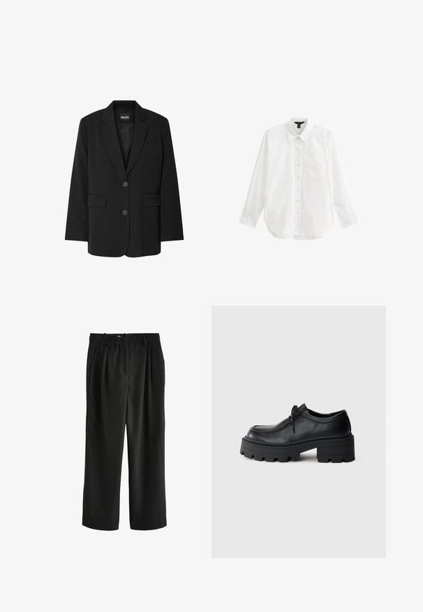 Blazer negro de PIECES, con cuello de muesca, dos bolsillos frontales y cierre de dos botones, fabricado en un tejido suave.; Camisa blanca de manga larga hecha de algodón, con frente abotonado, cuello, un bolsillo en el pecho y dobladillo redondeado. Textura suave.; Pantalones anchos negros con rayas verticales, que cuentan con un frente plisado, cintura elástica y una textura suave.; Zapato negro de cuero con cordones, con una suela de goma negra gruesa y texturizada y punta redondeada. Presenta detalles de costura sutiles.