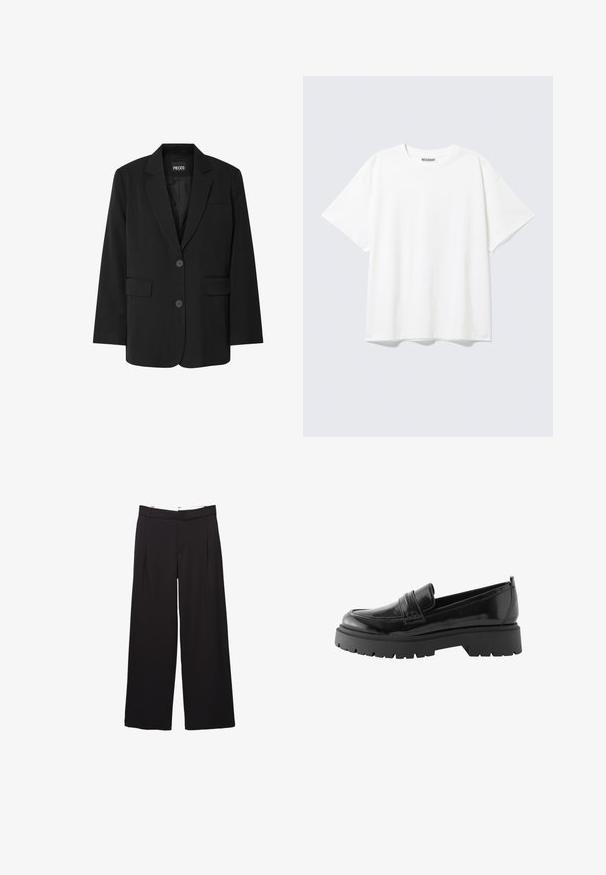 Sort blazer fra PIECES med reverskrave, to frontlommer og to knaplukninger, lavet af glat stof.; Hvid T-shirt med korte ærmer og rund halsudskæring med en afslappet pasform og et "WEEKDAY" mærke på indersiden af nakken bagtil.; Sorte bukser med vide ben, fordele foran og bæltestropper, skræddersyet pasform, talje i mellemhøjde og skjult lukning foran.; Sorte lakerede loafers har en lav platformssål med en robust træd og en quiltet detalje over midtfoden.
