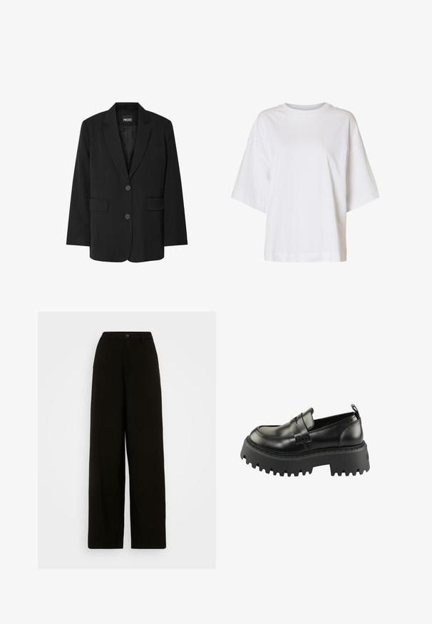 Sort blazer fra PIECES med reverskrave, to frontlommer og to knaplukninger, lavet af glat stof.; Løs hvid T-shirt med korte ærmer, sænkede skuldre og rund halsudskæring på ensfarvet baggrund.; Sorte brede bukser lavet af glat stof, med en knaplukning i livet og en skræddersyet silhuet uden synlige mønstre.; Sorte læder loafers med en tyk, struktureret sort gummisål. Har en rund tå og en dekorativ rem på tværs af vamps.