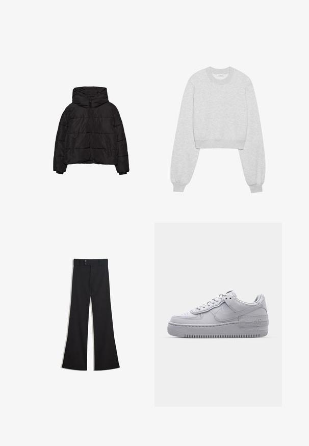 Doudoune noire avec zip à l'avant, deux poches latérales, manches longues et une grande capuche.; Sweatshirt cropped en tissu gris clair, avec des manches longues, un col rond, des poignets côtelés et une texture subtile.; Pantalon noir taille haute à jambes larges avec une taille à double bouton et une fermeture éclair frontale, présenté à plat sur un fond blanc.; Basket en cuir lisse gris Nike Air Force 1 avec un bout perforé, une semelle épaisse et un détail 'AIR' en relief sur le talon.