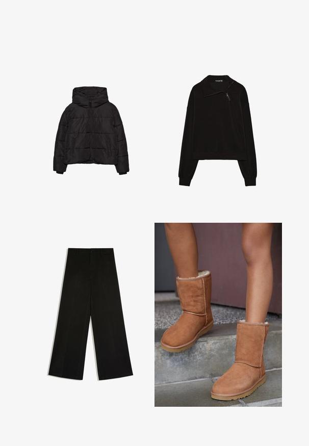 Doudoune noire avec zip à l'avant, deux poches latérales, manches longues et une grande capuche.; Sweat-shirt noir à col montant avec une demi-fermeture éclair, manches longues et coupe décontractée. Tissu lisse avec une finition mate.; Pantalon noir à jambes larges avec passants de ceinture, fermeture devant par bouton et zip, posé à plat sur fond blanc.; Bottines en suede marron, à bout rond, avec une doublure douce et une semelle en caoutchouc, présentant des détails de couture visibles le long des coutures.
