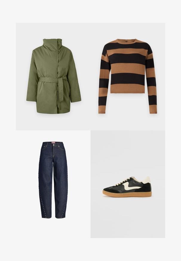 Veste rembourrée vert olive avec col montant, manches longues et ceinture en tissu assorti nouée à la taille.; Pull en maille rayé marron et noir, col rond, manches longues, tissu texturé, coupe courte, avec des rayures épaisses alternées.; Jean en denim bleu foncé à jambes larges, taille haute, fermeture avant par boutons et fermeture éclair, avec des clous argentés le long des coutures extérieures.; Baskets en daim et cuir noir avec un swoosh latéral crème et un talon crème clair. Dotées de lacets beige et d'une semelle en caoutchouc gomme.