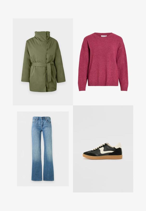 Veste rembourrée vert olive avec col montant, manches longues et ceinture en tissu assorti nouée à la taille.; Pull à manches longues avec col rond en rose foncé chiné, poignets et ourlet côtelés, tissu en maille douce, coupe décontractée.; Jean en denim bleu clair avec une taille haute et des jambes évasées, doté de poches avant et d'une fermeture à boutons.; Baskets en daim et cuir noir avec un swoosh latéral crème et un talon crème clair. Dotées de lacets beige et d'une semelle en caoutchouc gomme.