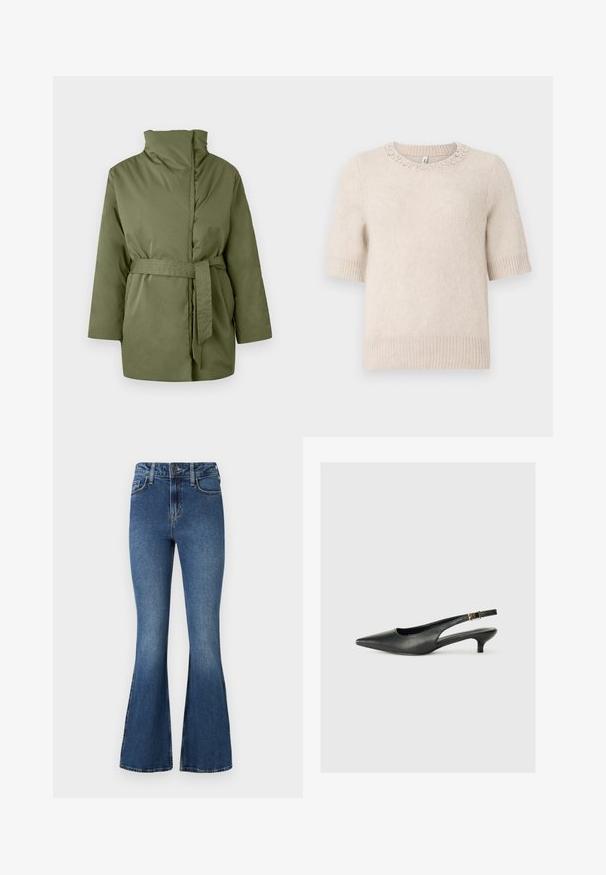 Veste rembourrée vert olive avec col montant, manches longues et ceinture en tissu assorti nouée à la taille.; Pull beige à manches courtes avec un col rond, orné d'accents en perles au niveau du col et de poignets et d'un ourlet côtelés. Texture douce.; Jean évasé en denim bleu à taille haute, avec un design standard à cinq poches et une fermeture à bouton. Texture douce avec des détails légèrement décolorés.; Chaussure slingback noire à bout pointu en cuir lisse. Présente un talon fin et un détail de boucle sur la sangle réglable.