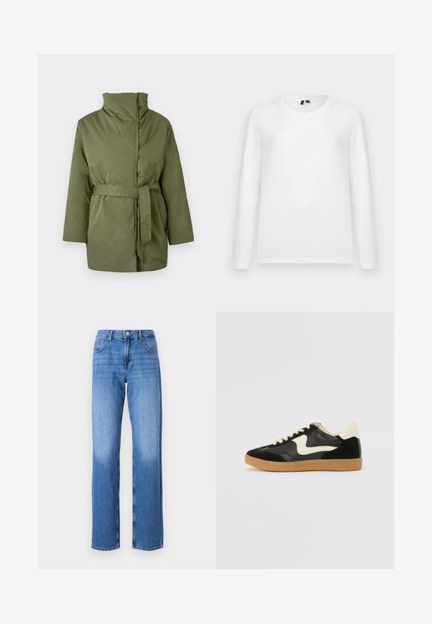 Veste rembourrée vert olive avec col montant, manches longues et ceinture en tissu assorti nouée à la taille.; Chemise blanche à manches longues à col rond, posée à plat avec les étiquettes de col visibles sur un fond gris clair.; Jean en denim bleu clair avec une taille haute, une coupe droite et des zones décolorées. Comprend des poches avant standard et une fermeture à bouton.; Baskets en daim et cuir noir avec un swoosh latéral crème et un talon crème clair. Dotées de lacets beige et d'une semelle en caoutchouc gomme.
