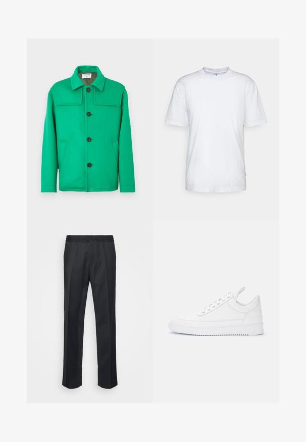 Green wool blend jacket with a classic collar, button front, two side pockets, and a structured design. Smooth texture and medium weight.; White cotton t-shirt with a crew neck, short sleeves, and a straight hem. Features a small brand tag on the left side seam.; Black trousers with a relaxed fit, featuring an elastic waistband, straight legs, and soft, smooth fabric texture.; White low-top sneaker with lace-up closure, stitched detailing, pull tab at heel, and a ridged sole on a plain light background.