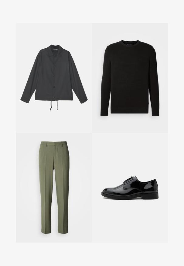 J.LINDEBERG CELIAN COACH OVERSHIRT - Chaqueta fina - black; Suéter negro de punto con cuello redondo y mangas largas, tejido texturizado, puños y dobladillo acanalados, que presenta un pequeño logo en el pecho.; Pantalones verde oliva de corte recto, con una textura suave, pliegues simples y sin herrajes o detalles visibles.; Zapato de vestir de cuero negro brillante con cordones, puntera redondeada y tacón bajo, visto de lado sobre fondo blanco.