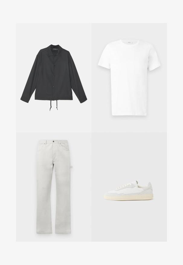 J.LINDEBERG CELIAN COACH OVERSHIRT - Kevyt takki - black; Yksinkertainen valkoinen puuvillainen lyhythihainen t-paita pyöreällä pääntiellä, aseteltuna tasaisesti vaaleanharmaalle taustalle.; Vaaleanharmaat suorat housut, jotka on valmistettu sileästä puuvillakankaasta. Housuissa on etutaskut ja sivutasku.; Valkoinen lenkkari, jossa on teksturoitu mokka- ja nahkapäällinen. Siinä on pyöreä kärki, nauhallinen suljenta ja vastavärinen beigen sävyinen kumipohja.