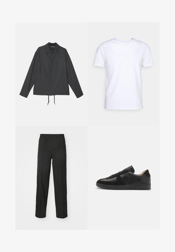 J.LINDEBERG CELIAN COACH OVERSHIRT - Let jakke / Sommerjakker - black; Hvid kortærmet t-shirt i bomuldsstof med rund halsudskæring. Enkel design uden mønstre eller detaljer. Glat tekstur.; Sorte bukser lavet af strækbart stof, med lige snit, sidelommer med lynlås og en glat tekstur uden synlige mønstre.; Tiger of Sweden BELLICU - Sneakers - black