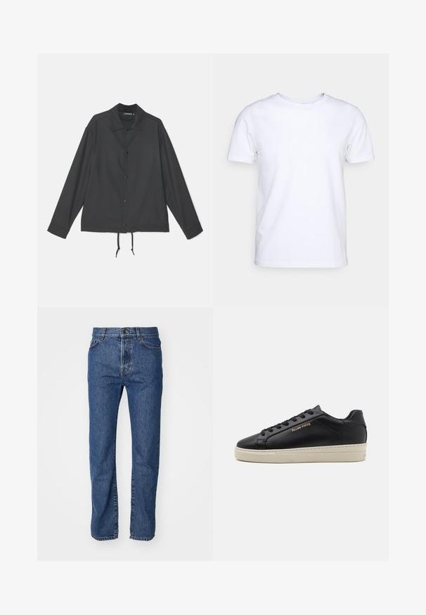 J.LINDEBERG CELIAN COACH OVERSHIRT - Let jakke / Sommerjakker - black; Hvid kortærmet t-shirt i bomuldsstof med rund halsudskæring. Enkel design uden mønstre eller detaljer. Glat tekstur.; Lysblå denimjeans med lige ben, fem lommer, synlige syninger og en knaplukning i taljen.; Sorte lædersneakers med en glat finish, kontrasterende cremefarvet sål, rund tå, guld logo på siden og seks huller til snørebånd.