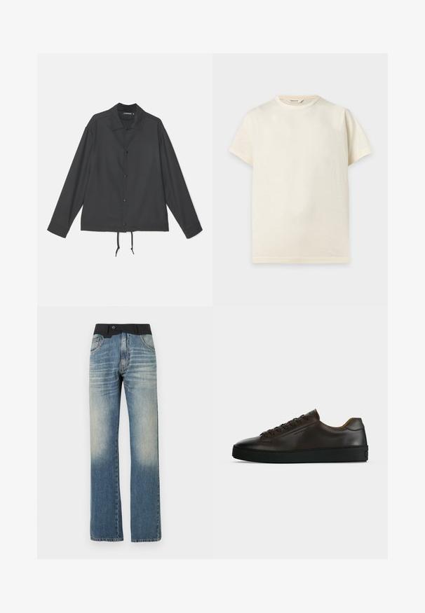 J.LINDEBERG CELIAN COACH OVERSHIRT - Kevyt takki - black; Perus lyhythihainen puuvillainen t-paita off-whitessä värissä, pyöreällä pääntiellä ja pienellä sisäisellä lapulla, jossa lukee "Selected."; Suorat siniset farkut haalistuneella pesulla ja mustalla vyötärönauhalla, joissa on etutaskut ja napillinen suljenta.; Matala profiili tumma ruskea nahkainen lenkkarit mustalla kumipohjalla, nauhallinen malli ja sileä minimalistinen muotoilu vaalealla taustalla.