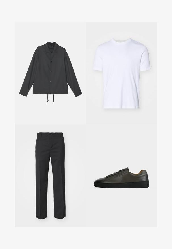 J.LINDEBERG CELIAN COACH OVERSHIRT - Let jakke / Sommerjakker - black; Hvid bomulds T-shirt med ribbet rund halsudskæring, korte ærmer og normal pasform. Glat tekstur, ingen synlige mønstre eller detaljer.; Filippa K TROY TROUSERS - Bukser - black; Lavtskåret mørkegrå læder sneaker med sorte snørebånd og sål, minimalistisk design, sideprofil på en ensfarvet lys baggrund.