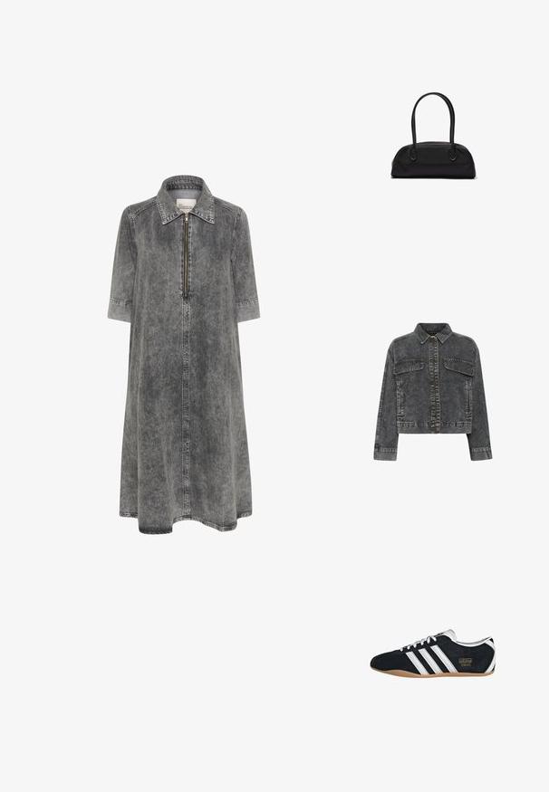 Mørkegrå denimjakke med krave, frontknaplukning, to brystlommer og kontrastsyning. Har et cropped design.; Jeanskjorte i falmet grå med lynlås, krave og korte ærmer. Har en afslappet silhuet og mid-længde design.; Sort ruskinds sneaker med hvide tre striber, guldlogo og en brun gummisål. Har et lavprofil snørebåndsdesign.; Sort læderhåndtaske med lange, runde håndtag og en buet, rektangulær form, der har en lynlåslukning øverst.