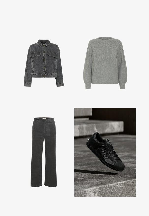 Mørkegrå denimjakke med krave, frontknaplukning, to brystlommer og kontrastsyning. Har et cropped design.; Grå strikket sweater med en ribbenrundet halsudskæring og voluminøse lange ærmer, der har teksturerede vertikale striber over kroppen.; Kordfløjl bukser i mørk grå, med et bredt ben design, lodret ribbet tekstur og en standard talje med lynlås.; Sort blank Adidas Superstar sneaker med skalskodtå og snørebånd, svævende over betontrin i neutralt lys.