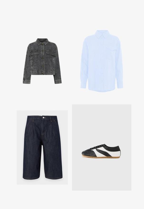 Dunkelgraue Jeansjacke mit Kragen, vorderem Knopfverschluss, zwei Brusttaschen und Kontrastnähten. Verfügt über einen verkürzten Schnitt.; Helles blaues Langarmhemd aus Stoff mit subtilem Muster. Verfügt über einen Kragen, eine Knopfleiste und eine einzelne Brusttasche.; Dunkelblaue lange Jeans-Shorts mit vorderen Falten, Seitentaschen, Gürtelschlaufen und einem Metallknopfverschluss in der Taille.; Schwarz-weißer Sneaker mit geschwungenem Design, aus Leder, mit einer strukturierten schwarzen Zehenkappe und einer Sohle aus Gummimischung. Schnürverschluss.