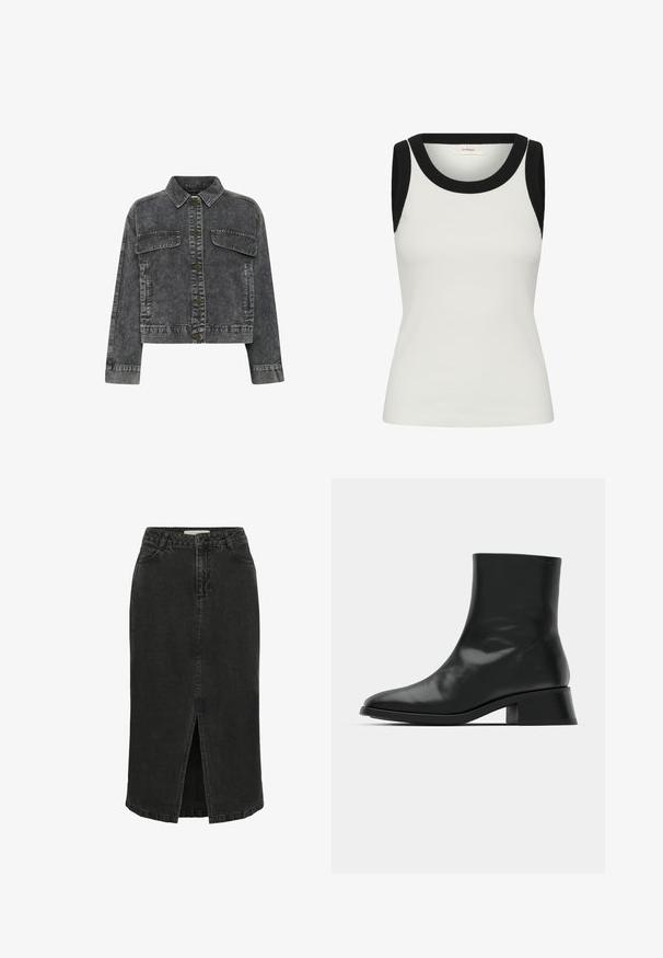 Mørkegrå denimjakke med krave, frontknaplukning, to brystlommer og kontrastsyning. Har et cropped design.; Ærmeløs hvid ribbet top med bredt sort ribbånd ved halsudskæringen og armhulerne, tætsiddende pasform.; Sort denimnederdel med en frontslids, mellemlang design og klassisk talje. Har to frontlommer og en ren finish.; Sort ankelstøvle lavet af blank læder, med et strømlinet design, spids tå og en moderat blokhælhøjde for stabilitet.