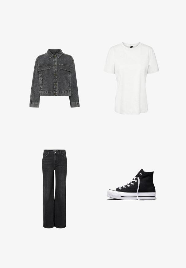 Mørkegrå denimjakke med krave, frontknaplukning, to brystlommer og kontrastsyning. Har et cropped design.; Hvid kortærmet t-shirt lavet af bomuld med rund halsudskæring og afslappet pasform. Glat tekstur og ingen synlige mønstre eller dekorationer.; Bredde ben sorte denimjeans med et klassisk fem-lomme design, frontknaplukning og subtile syninger.; Sort high-top canvas sneaker med hvid gummisål og hvide snørebånd, vist fra siden mod en hvid baggrund.