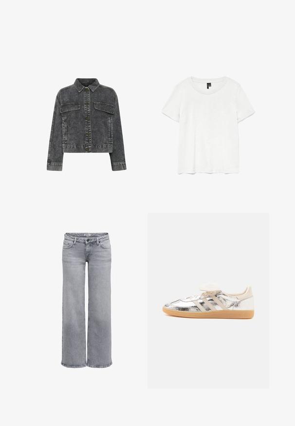 Donkergrijze denimjas met een kraag, sluiting met knopen aan de voorkant, twee borstzakken en contrasterende stiksels. Heeft een cropped ontwerp.; Witte t-shirt met korte mouwen en een ronde hals, gemaakt van lichte stof. Eenvoudig ontwerp, gladde textuur en rechte zoom.; Lichtgrijze jeans met wijde pijpen gemaakt van denim. Voorzien van een standaard tailleband met lussen voor een riem, vijf zakken en subtiele vervaagde details.; Low-top sneaker met glanzend zilverkleurig bovenwerk, beige drie strepen, witte veters en een beige rubberen zool, zijaanzicht op witte achtergrond.