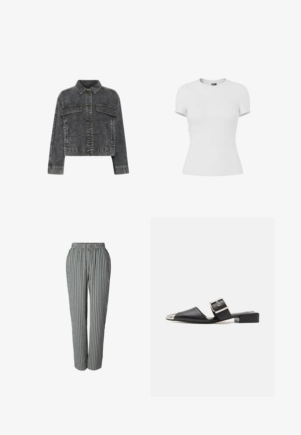 Mørkegrå denimjakke med krave, frontknaplukning, to brystlommer og kontrastsyning. Har et cropped design.; Plain hvid tætsiddende T-shirt med korte ærmer og rund hals, vist på en hvid baggrund.; Sorte og hvide vertikale stripede bukser med elastisk talje og sidelommer, lige ben pasform, velegnet til casual eller kontorbrug.; Sorte lædersandaler med spids tå, metallisk sølvhætte og justerbar spænde. Flad blokhælt for støtte.