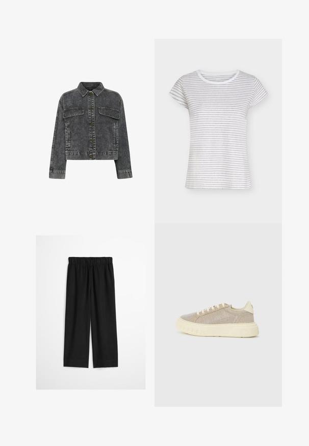 Dunkelgraue Jeansjacke mit Kragen, vorderem Knopfverschluss, zwei Brusttaschen und Kontrastnähten. Verfügt über einen verkürzten Schnitt.; Weißes T-Shirt mit kurzen Ärmeln, dünnen horizontalen grauen Streifen und rundem Halsausschnitt.; Schwarze locker sitzende Hose mit elastischem Bund und geraden Beinen vor hellem Hintergrund.; Hellebeige Sneakers mit einem strukturierten, gewebten Obermaterial, cremefarbener Gummisohle und geprägtem Branding an der Ferse. Verfügt über runde Schnürsenkel und hat ein flaches Profil.
