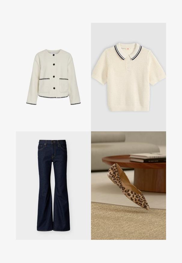 Weiße Fleecejacke mit Rundhalsausschnitt, schwarzen Knöpfen und kontrastierenden Zickzacknähten entlang des Saums und der Taschen.; Cremefarbenes kurzärmeliges Strick-Poloshirt mit strukturiertem Waffelmuster und geripptem Kragen mit zwei marineblauen Streifen und drei weißen Knöpfen.; Dunkelblaue Jeans aus Denim mit ausgestellten Beinen, vorderer Knopf- und Reißverschluss sowie Fünf-Taschen-Design mit kontrastierenden Nähten.; Flacher Spitzschuh mit Leopardenmuster neben einem runden Holzcouchtisch mit gestapelten Büchern auf einem beigen Teppich vor einem Sofa.