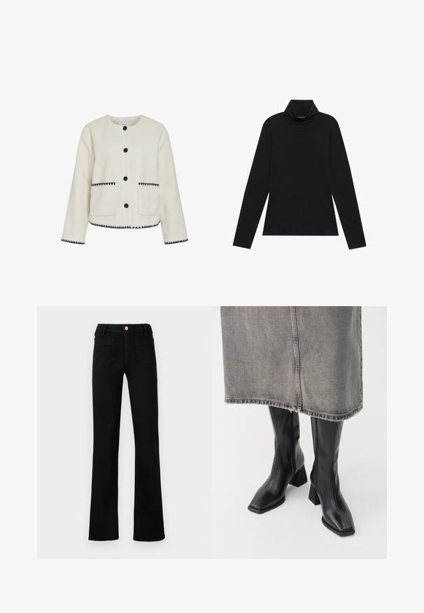 Chaqueta de forro polar blanca con cuello redondo, botones negros y costuras en zigzag en contraste a lo largo del dobladillo y los bolsillos.; Sudadera negra de manga larga con cuello alto. Tejido suave, diseño ajustado, cuello alto y costuras laterales. Estilo sencillo y versátil, adecuado para combinar en capas.; Jeans negros de cintura alta y pierna recta con bolsillos de parche delanteros y cierre de botón cobre sobre un fondo neutro.; Botas negras hasta la rodilla de cuero liso con punta cuadrada y tacón cuadrado. Llevadas con una falda de mezclilla gris con dobladillo desflecado.