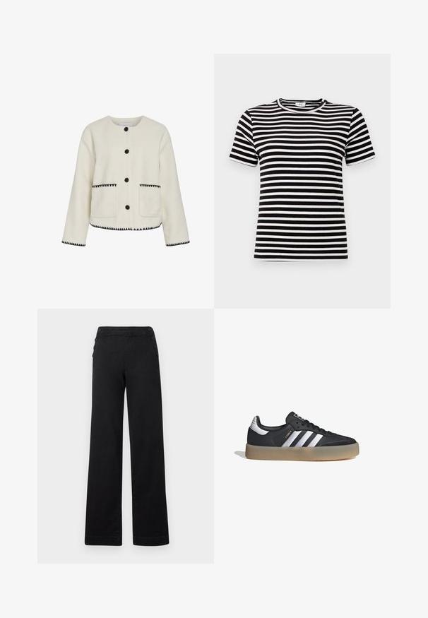 Chaqueta de forro polar blanca con cuello redondo, botones negros y costuras en zigzag en contraste a lo largo del dobladillo y los bolsillos.; Camiseta de manga corta a rayas en blanco y negro con una textura acanalada y un cuello redondo. Las rayas están espaciadas uniformemente por toda la tela.; Pantalones de pierna ancha negros con cintura alta, detalles de botones en los laterales y una textura de denim suave con un acabado limpio.; Zapatilla deportiva de cuero negro con tres rayas plateadas, punta texturizada y suela de goma. Cuenta con un collar acolchado y un diseño con cordones.