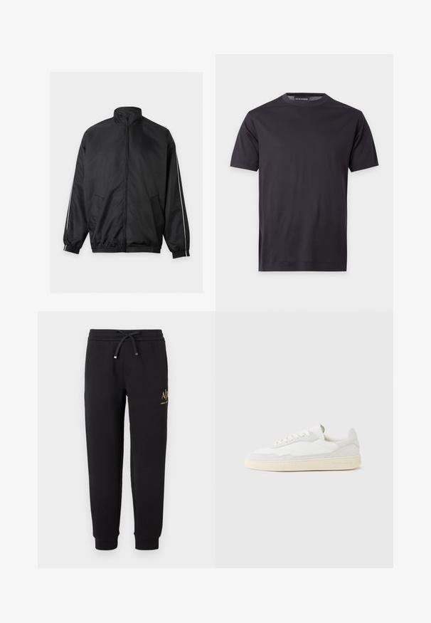 Veste noire zippée intégralement avec col montant, poignets et ourlet élastiques, poches latérales et fines bandes blanches le long des manches.; T-shirt noir uni à manches courtes avec col rond, avec un petit logo ton sur ton sur la poitrine gauche et une étiquette de marque au niveau du col.; Pantalon de jogging noir avec taille élastique et cordon, chevilles retournées et petit logo doré "A|X Armani Exchange" sur la cuisse droite.; Baskets blanches avec dessus en daim et cuir texturé. Caractérisées par un bout arrondi, une fermeture à lacets et une semelle en caoutchouc beige contrastante.