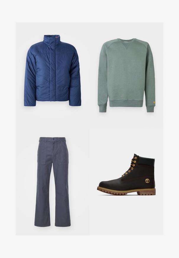Marineblauer Daunenjacke mit hohem Kragen, vorderem Reißverschluss und gestepptem Design. Mit Logo auf der linken Brustseite.; Grüner Sweatshirt mit langen Ärmeln, gerippten Bündchen und Saum, aus strukturiertem Stoff mit kleinem Logo am linken Ärmel.; Dunkelgraue, weit geschnittene Hose aus Baumwolle. Mit zwei vorderen Taschen und einem Knopfverschluss. Glatte Textur mit einem lässigen Design.; Schwarze Leder-Ankle-Boots mit goldenen Ösen, braunen Akzenten und einer Gummisohle. Verfügt über einen gepolsterten Schaft und ein geprägtes Logo an der Seite.