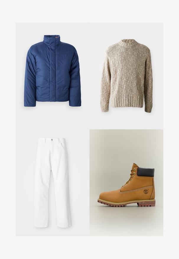 Marineblauer Daunenjacke mit hohem Kragen, vorderem Reißverschluss und gestepptem Design. Mit Logo auf der linken Brustseite.; Beige gestrickter Pullover mit einem strukturierten Schachbrettmuster, geripptem Kragen und Saum sowie langen Ärmeln. Hergestellt aus einem weichen, leichten Material.; Weiße Denim-Hosen mit geradem Bein, ausgestattet mit einem Frontknopf und einem Reißverschluss, fünf Taschen und einem sauberen, strukturierten Finish.; Brauner Leder-Stiefelette mit schwarzem Kragen, gelben Schnürsenkeln und hellbrauner Sohle. Verfügt über ein Logo und weiße Ziernähe. Robuste Profilsohle.